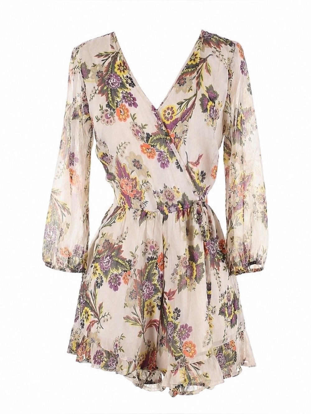 Boho Floral Wrap Romper Cottagecore Long Sleeve Tie Waist S